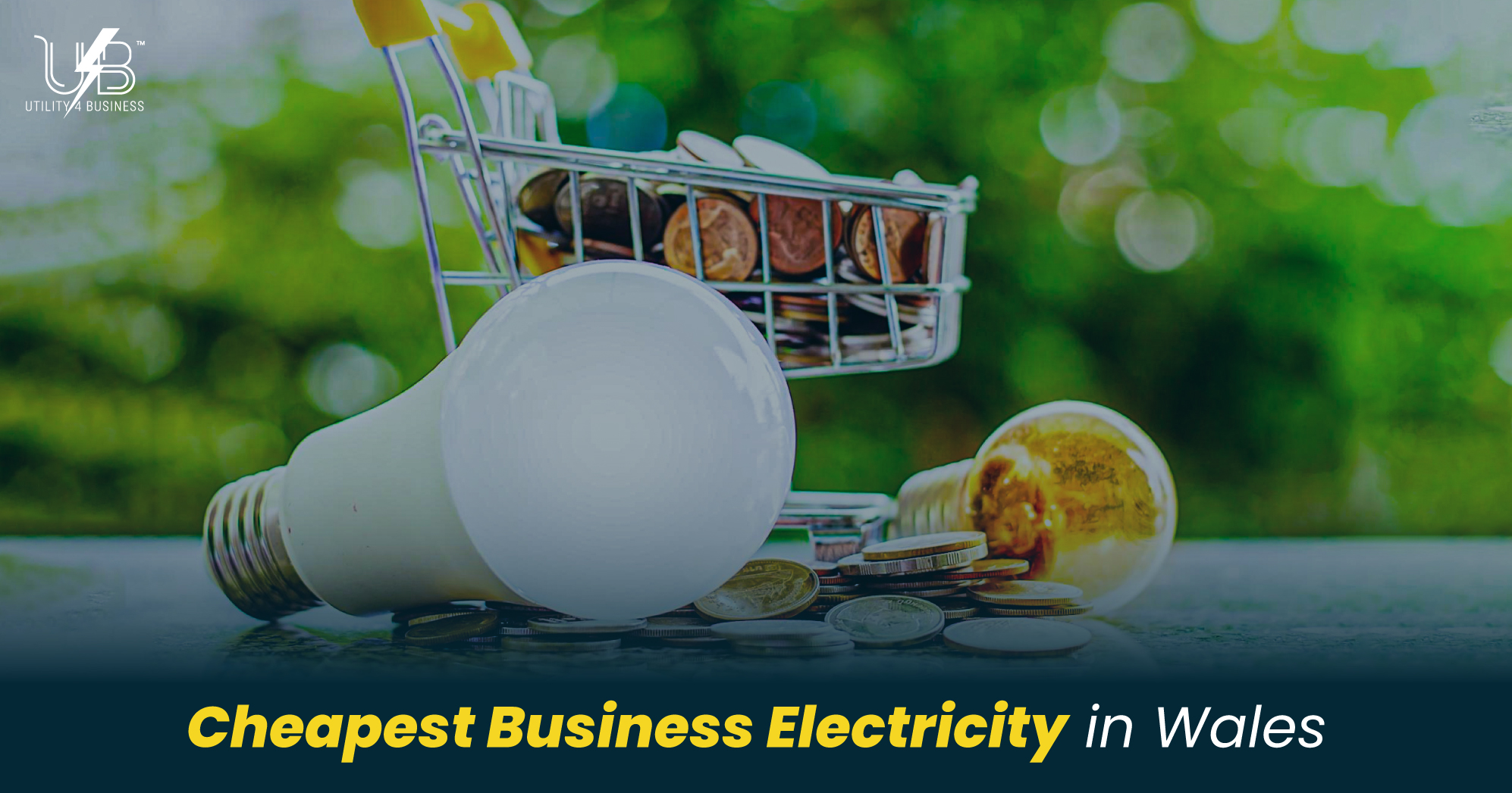 Cheapest Business Electricity in Wales: light bulb, coins and trolley showing savings for Welsh SMEs.
